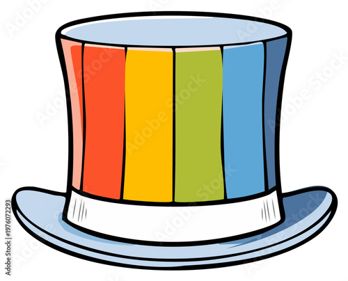 Cartoon rainbow colored top hat. Colorful festive celebration accessory.