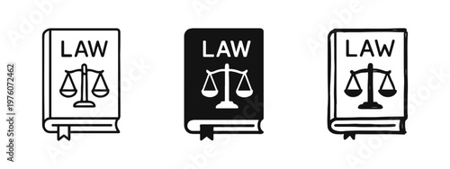 Law Book with Justice Scales Icon Set: Outline, Solid, and Hand-Drawn Styles for Legal Code Symbols