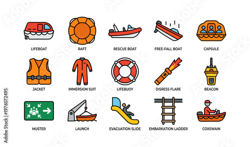 Safety equipment for maritime rescue: lifeboats, rafts, and emergency devices illustrated