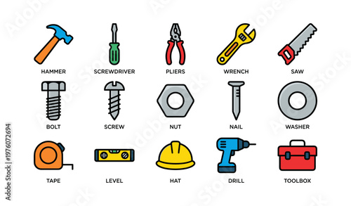 Colorful hand tools set with hammer, screwdriver, pliers, wrench, saw, bolt, screw, nut, nail, washer
