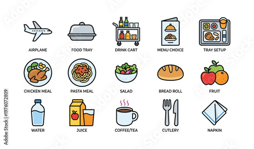 Airplane dining: food tray setup with meal options and beverage cart