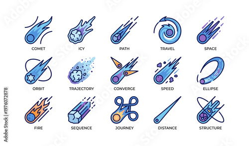 Colorful space icons featuring comets, orbits, and trajectories