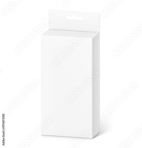 Hanging packaging box mockup. Half side view. Vector illustration isolated on white background. Can be use of cosmetics, electronic and mobile accessories. Ready for your design. EPS10.