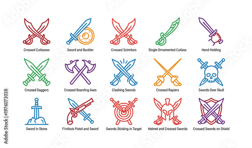 Icon set of various colorful swords and shields in multiple styles