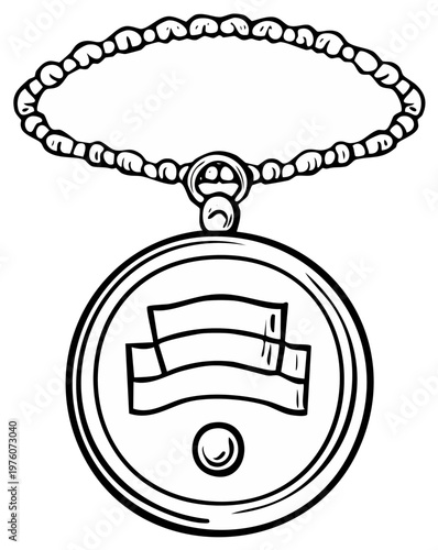 Hand-drawn illustration of a circular amulet with wavy ribbons and a small circle, hanging from a beaded chain