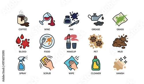 Common stain icons: coffee, wine, ink, grease, grass, blood, food, makeup, pet, mud, cleaning