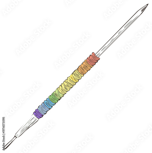 Hand drawn bodkin or needle with vibrant rainbow thread representing LGBTQ pride and diversity