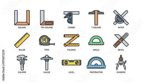 Colorful set of measurement and drawing tools including ruler, tape, caliper, protractor, level