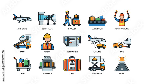 Airport operations icons: baggage, jetbridge, fueling, crew, security, catering, safety, marshalling