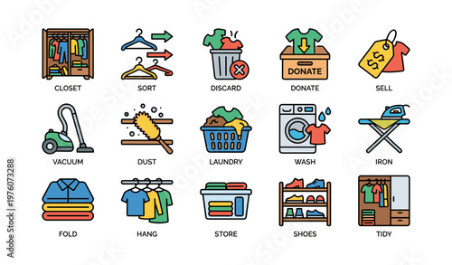 Colorful household chores icons: organizing, cleaning, and clothing management symbols