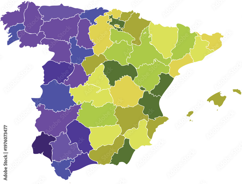 Fototapeta premium Colorful Political Map of Spain with Administrative Provinces and Balearic Islands