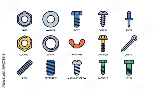 Various fasteners including nuts, bolts, screws, washers, and rivets illustrated