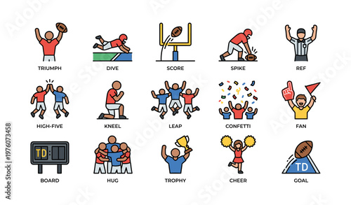 Icons of football celebrations including players, cheerleader, and referee actions