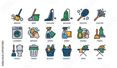 Household cleaning tools and appliances icons set in colorful cartoon style