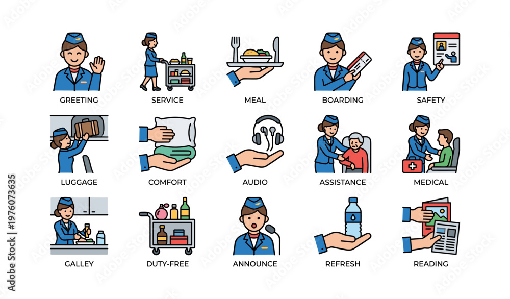 Fototapeta premium Flight attendant duties icons: greeting, boarding, safety, medical assistance, refreshment