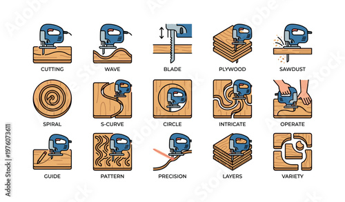Jigsaw cutting techniques and patterns illustrated on wood blocks