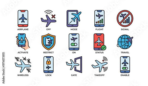 Airplane icons for flight mode and travel: activate, restrict, status, gate symbols