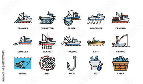 Variety of fishing boats and gear icons: trawler, gillnetter, seiner, longliner, crabber