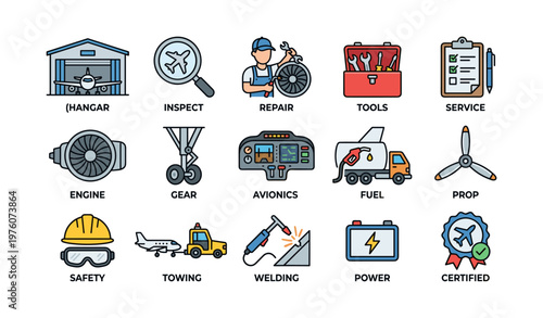 Aviation maintenance icons set featuring repair tools and safety equipment