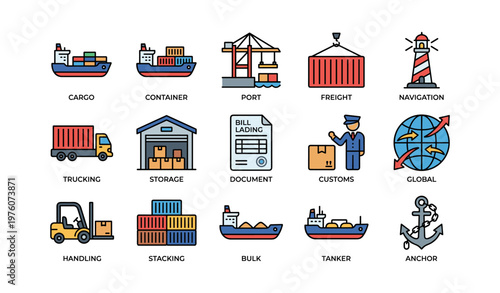 Maritime transportation and logistics icons featuring cargo ships and port operations