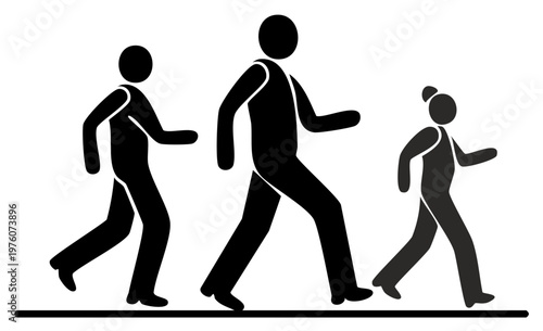 Group of stylized stick figures walking together in progression motion illustration