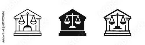 Courthouse with Justice Scales Icon Set: Outline, Solid, and Hand-Drawn Styles for Legal Institution Symbols