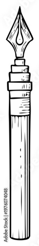 Stylized black and white illustration of a vintage fountain pen nib with a drop of ink suspended above it