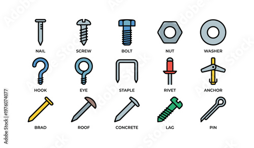 Assorted fasteners and hardware icons: nails, screws, bolts, nuts, washers, and more