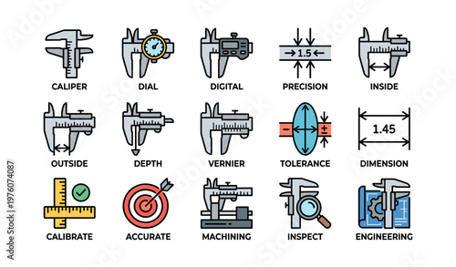 Calipers and measurement tools icons: digital, vernier, precision, tolerance