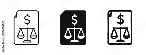 Financial Law Document with Balance Scale Icon Set
