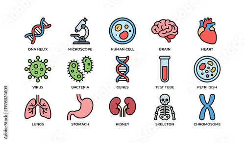 Scientific icons: dna microscope cell brain heart virus bacteria genes