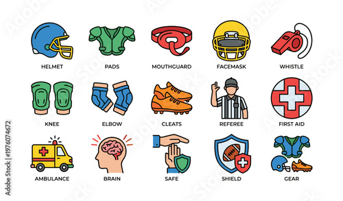 Sports safety gear icons: helmet, pads, mouthguard, whistle, first aid