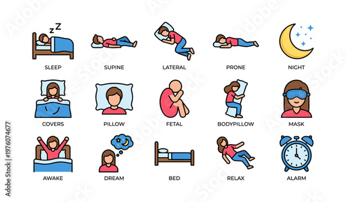Sleep positions and nighttime illustrations with relaxation elements