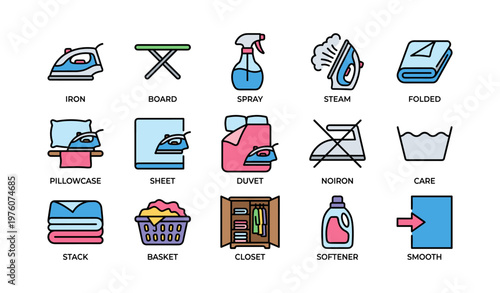 Icons of laundry essentials: iron, board, spray, steam, folded clothes, pillowcase, sheet, duvet, care symbols