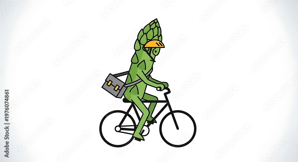 Obraz premium A cartoonish asparagus character wearing a cap and messenger bag, riding a bicycle against a gradient background