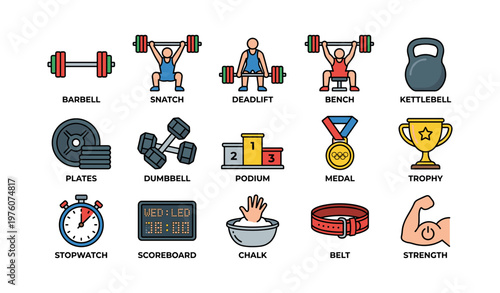 Weightlifting icons set featuring barbells kettlebell dumbbells and more