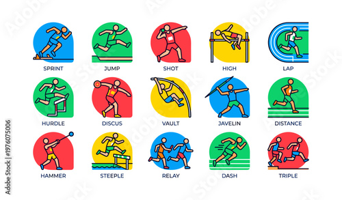 Dynamic athletes in various track and field events icons