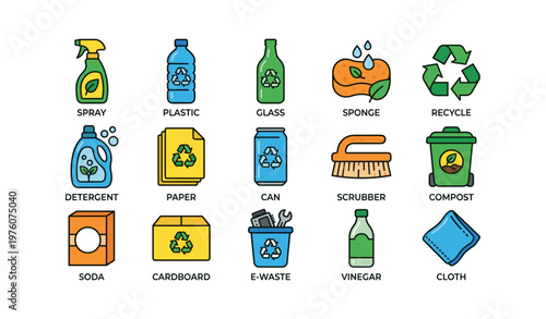 Recycling icons for plastic glass paper compost and e-waste management