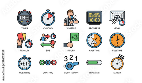 Soccer game icons featuring timer, whistle, scoreboard, goal, penalty, and substitution