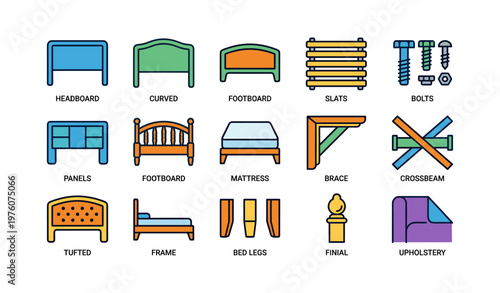 Colorful bed frame elements: headboard, footboard, mattress, slats, upholstery