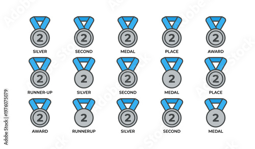 Diverse silver medals with blue ribbons and number two for second place recognition