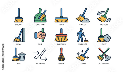 Cartoon cleaning icons: broom, dustpan, sweeper, motion, dust, clean
