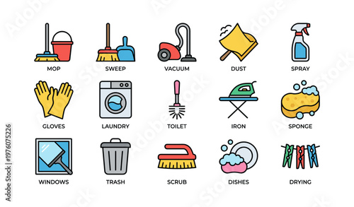 Colorful household cleaning tools and supplies icons set