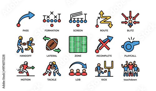 American football icons set featuring plays and actions in simplified style