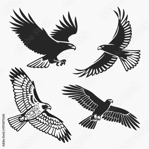 A set of four black and white eagle silhouettes in various flying positions