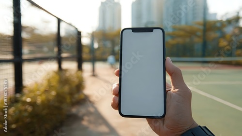 Over the shoulder view of smartphone mockup with blank screen at padel court in afternoon