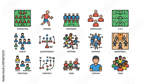 Colorful sports icons featuring players and team formations in various roles