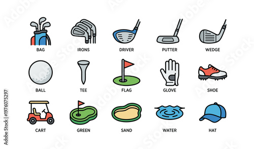 Golf equipment icons: clubs, ball, tee, flag, cart, and more