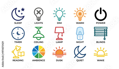 Colorful icons representing sleep, lights, timer, and more in home ambience