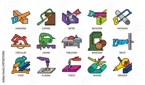 Colorful collection of various hand and power saws icons